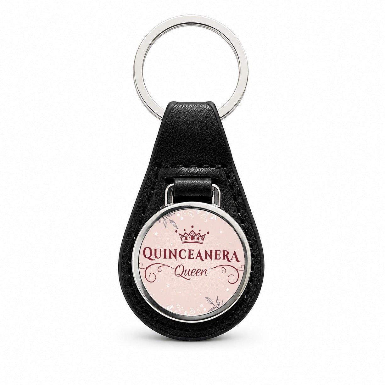 Quinceanera Queen Celebration Black Leather Metal Keychain