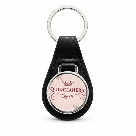 Quinceanera Queen Celebration Black Leather Metal Keychain