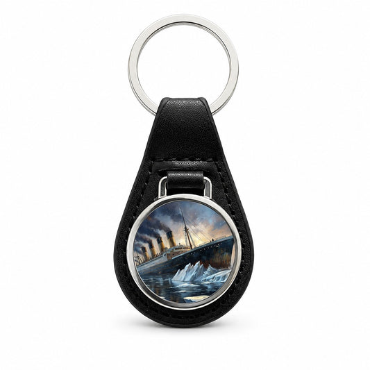 RMS Titanic Ship Hitting Iceberg Sinking Black Leather Metal Keychain