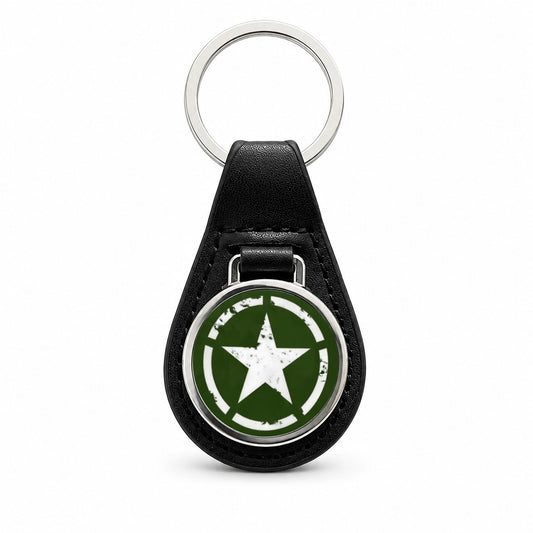 Rustic White Army Star On Olive Green Black Leather Metal Keychain