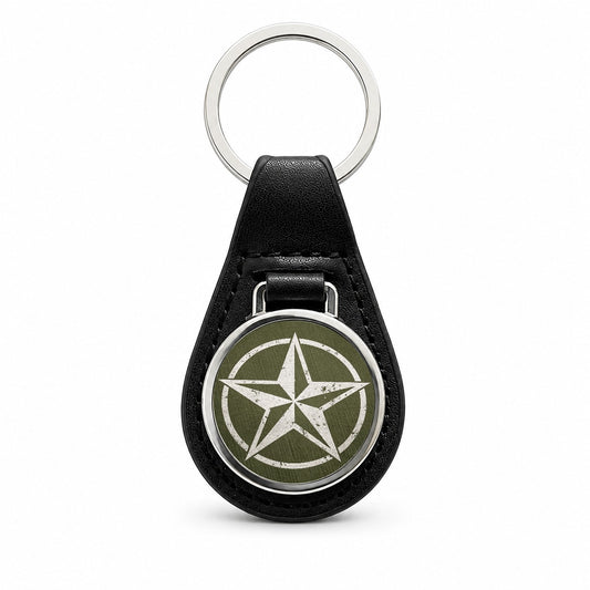 Rustic White Military Army Compass Star Black Leather Metal Keychain