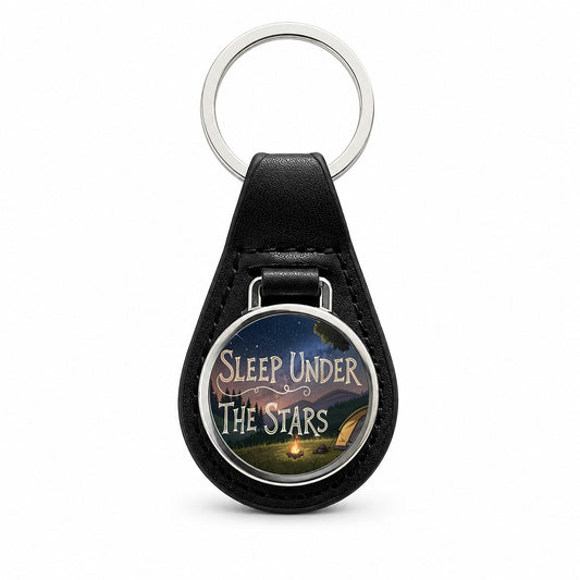 Sleep Under The Stars Camping Camper Black Leather Metal Keychain