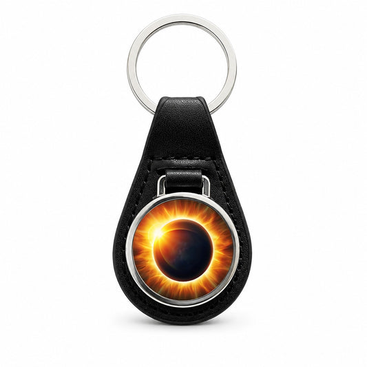 Solar Eclipse Black Leather Metal Keychain