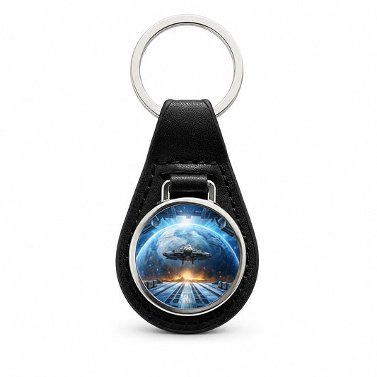 Spaceship Entering Station Spacedock Black Leather Metal Keychain