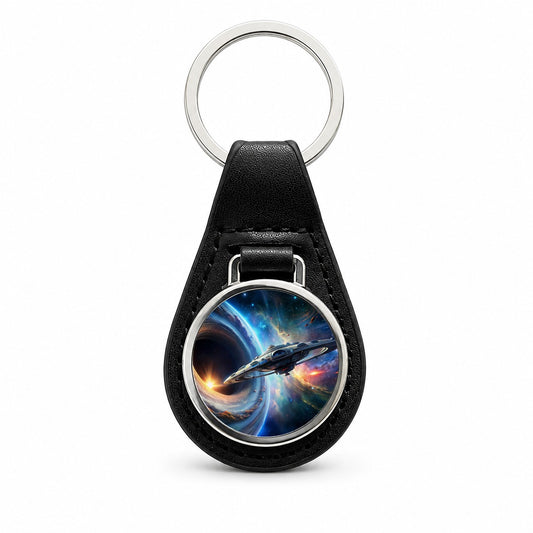 Starship Spaceship Coming Out Of Space Wormhole Black Leather Metal Keychain