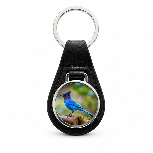 Stellar's Jay Backyard Bird Black Leather Metal Keychain