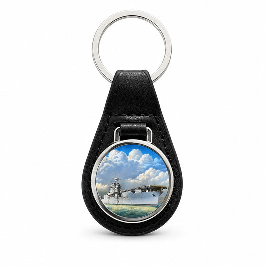 USS Yorktown Class Aircraft Carrier WWII US Navy Black Leather Metal Keychain