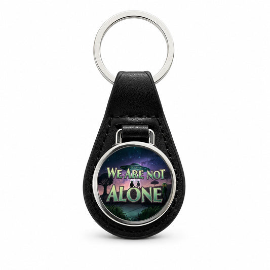 We Are Not Alone UFO Aliens Black Leather Metal Keychain