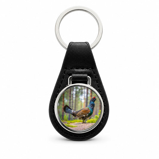 Western Capercaillie Wood Grouse Bird Black Leather Metal Keychain