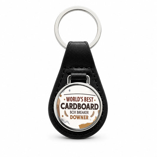 World's Best Cardboard Box Breaker Downer Funny Black Leather Metal Keychain