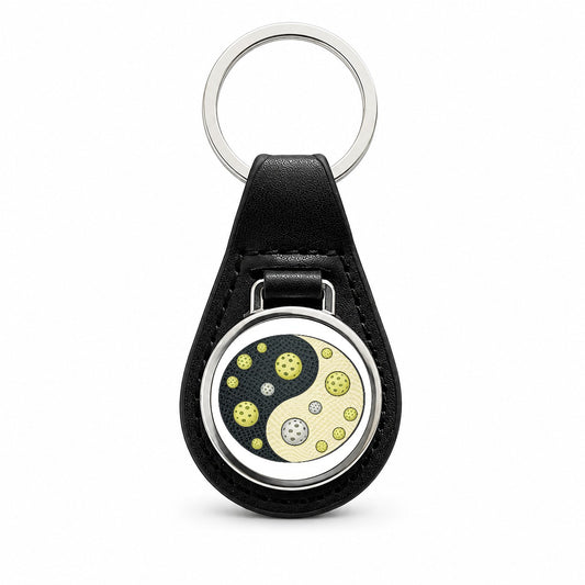 Yin Yang Funny Pickleball Pattern Black Leather Metal Keychain