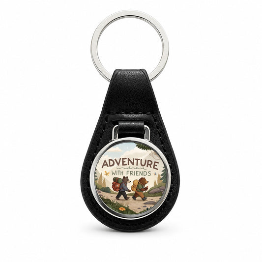Adventure With Friends Hiking Bears Black Leather Metal Keychain