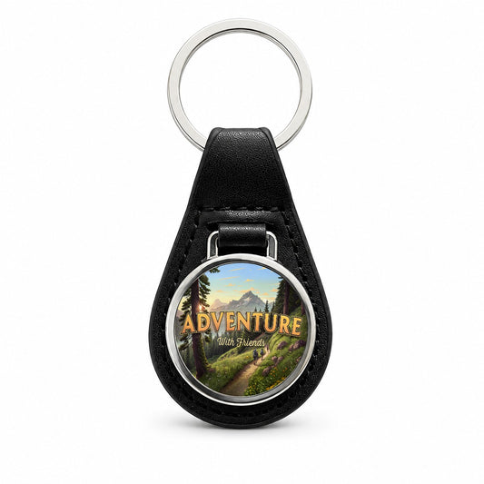 Adventure With Friends Hiking Camping Black Leather Metal Keychain