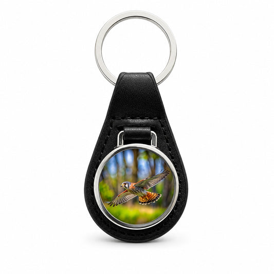 American Kestrel Raptor in Flight Black Leather Metal Keychain