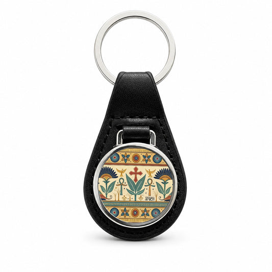 Ancient Egyptian Pattern Ankh Black Leather Metal Keychain