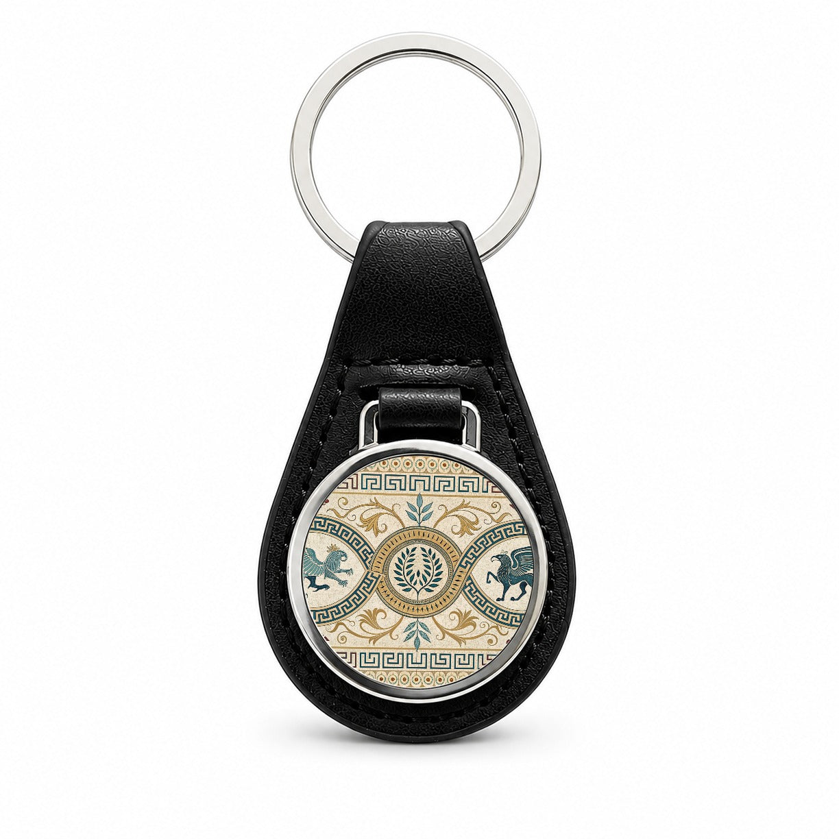 Ancient Greek Pattern Griffins Black Leather Metal Keychain