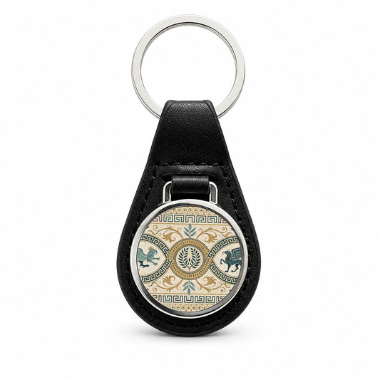 Ancient Greek Pattern Griffins Black Leather Metal Keychain