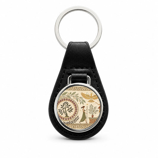Ancient Greek Tree Pattern Black Leather Metal Keychain