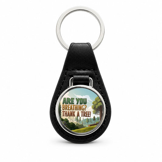 Are You Breathing Thank A Tree Conservation Funny Black Leather Metal Keychain