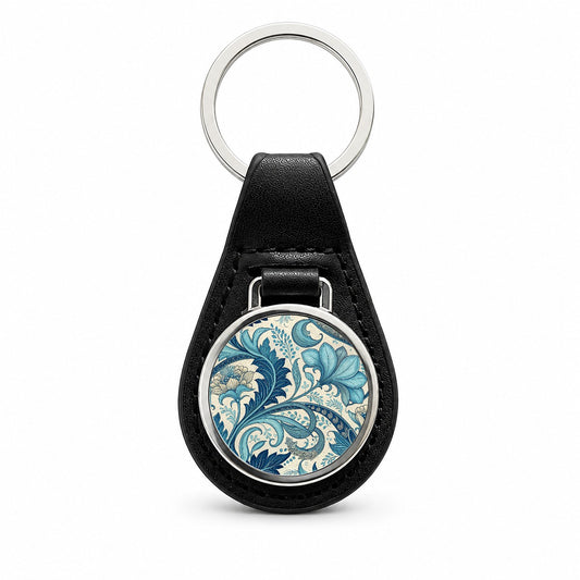 Art Nouveau Blue Leaf Flowers Black Leather Metal Keychain