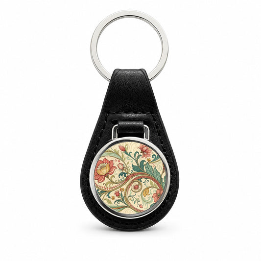 Art Nouveau Flower Leaf Pattern Black Leather Metal Keychain