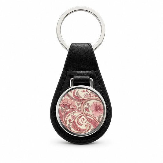 Art Nouveau Pattern Pink Leaf Flowers Black Leather Metal Keychain