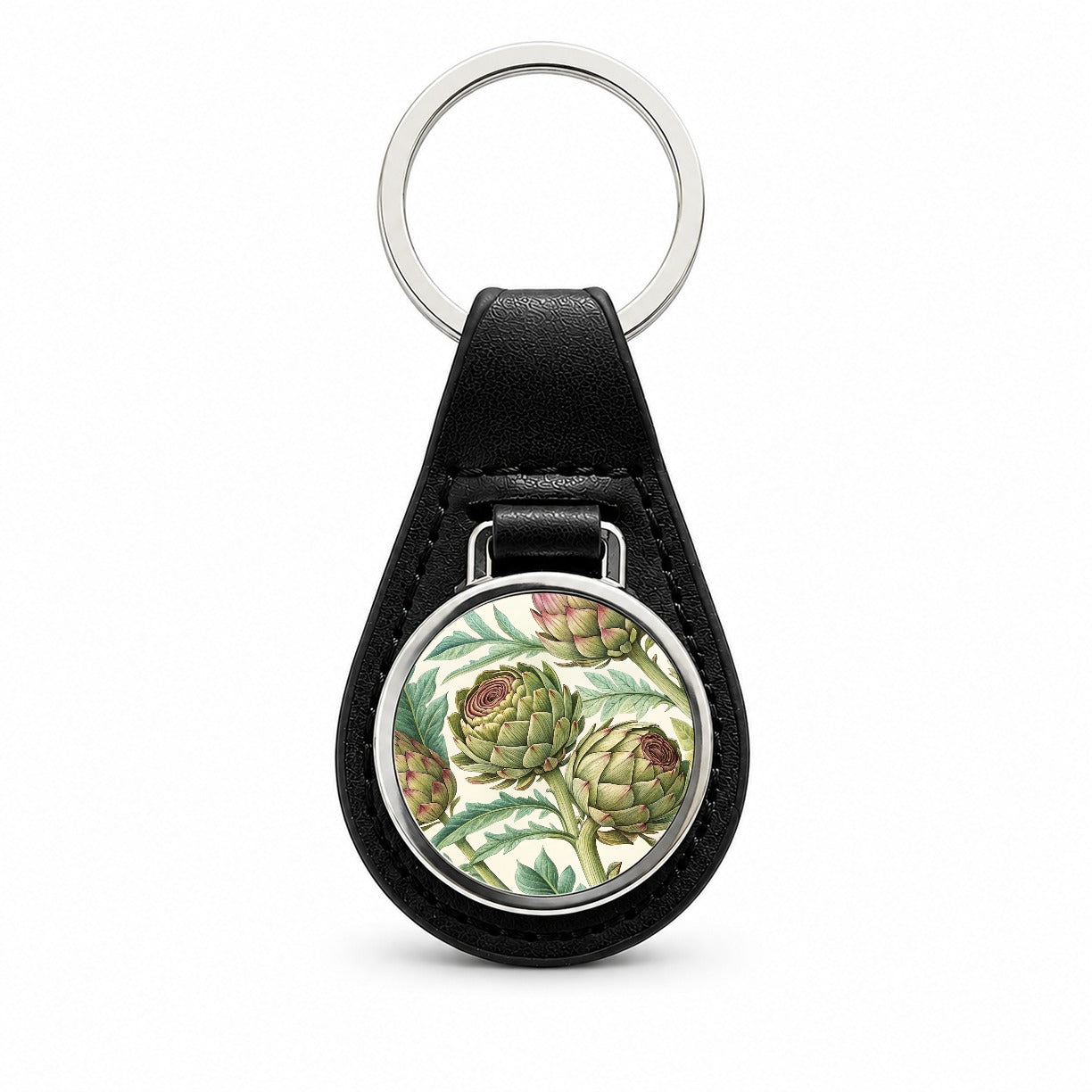 Artichoke Illustration Pattern Black Leather Metal Keychain