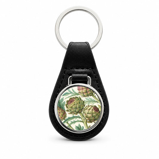 Artichoke Illustration Pattern Black Leather Metal Keychain