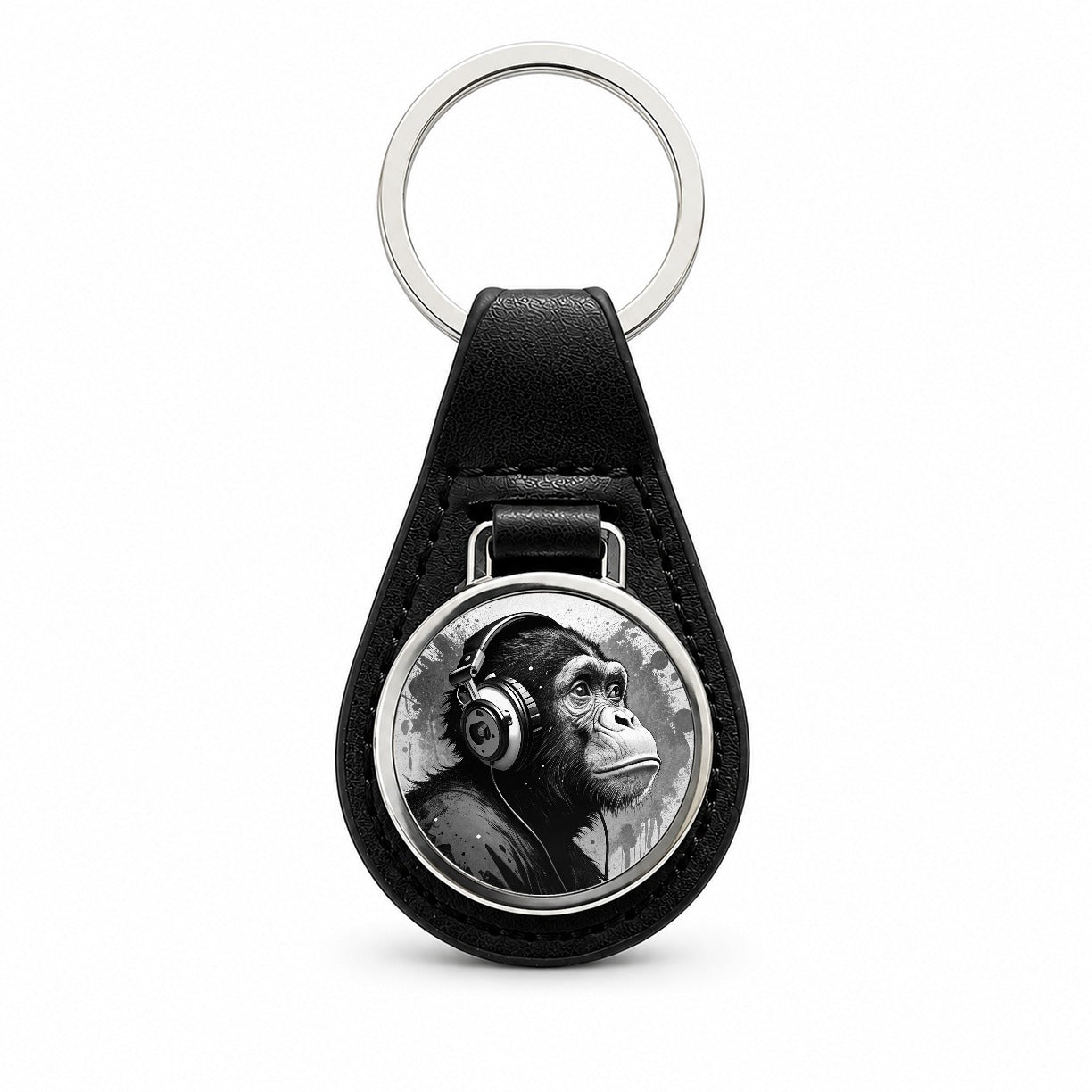 Artsy B&W Monkey with Headphones Black Leather Metal Keychain