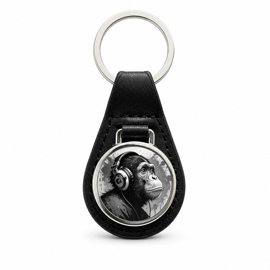 Artsy B&W Monkey with Headphones Black Leather Metal Keychain