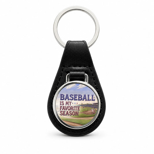 Baseball Is My Favorite Season Funny Illustration Black Leather Metal Keychain