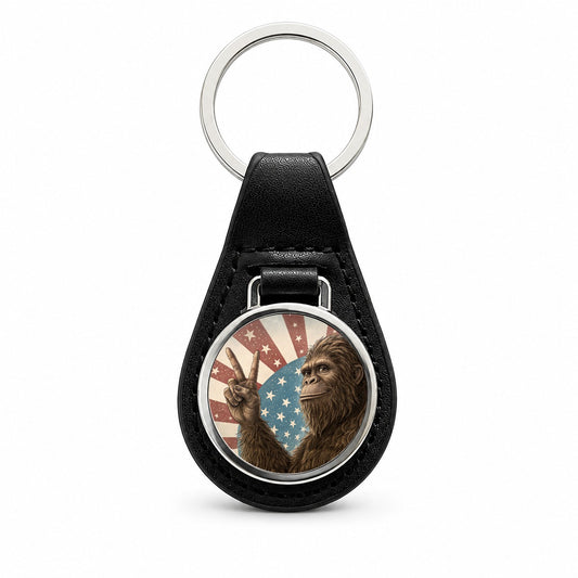 Bigfoot Giving Peace Sign Rising American Flag Black Leather Metal Keychain