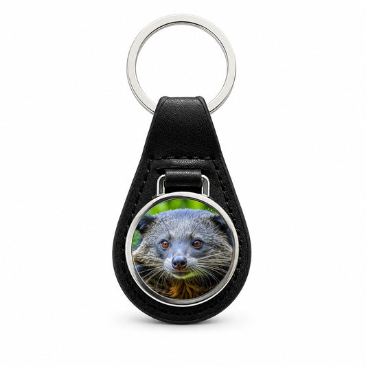 Binturong Bearcat Face Black Leather Metal Keychain