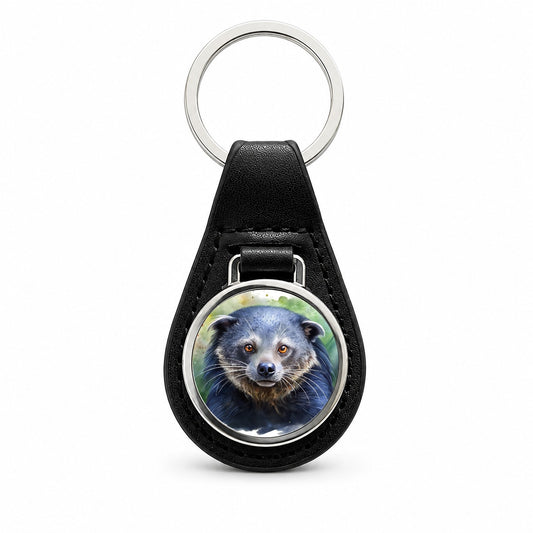 Binturong Bearcat Watercolor Style Black Leather Metal Keychain