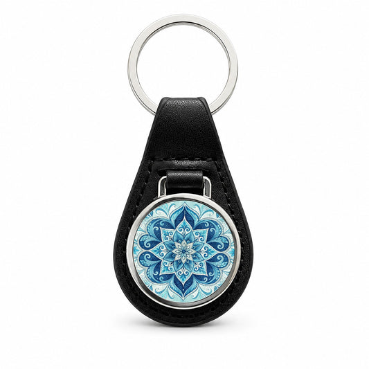 Blue Symmetrical Artistic Floral Pattern Black Leather Metal Keychain