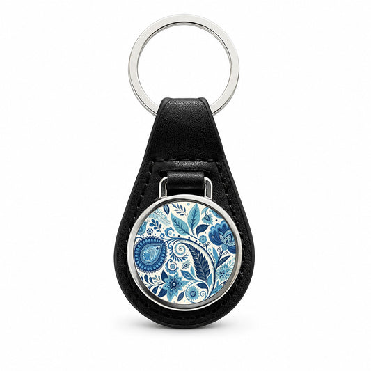 Blue Traditional Folk Art Floral Pattern Black Leather Metal Keychain