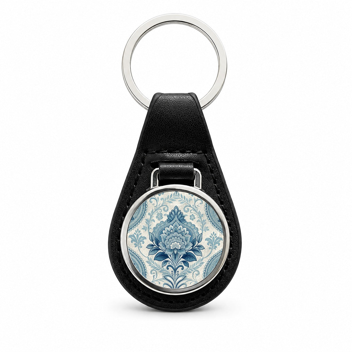 Blue Victorian Decorative Floral Pattern Black Leather Metal Keychain