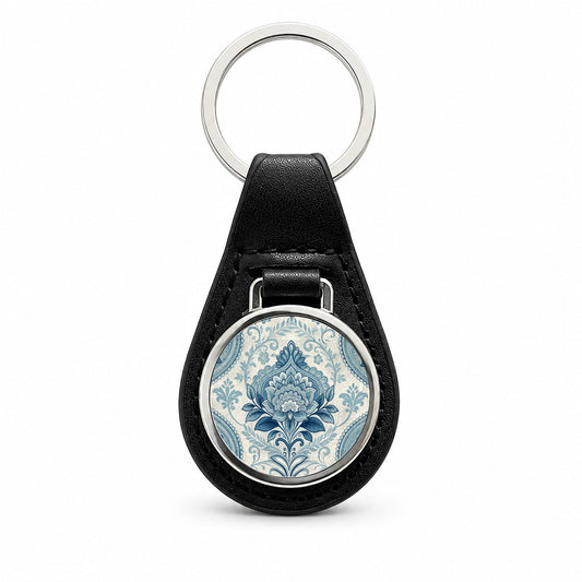 Blue Victorian Decorative Floral Pattern Black Leather Metal Keychain