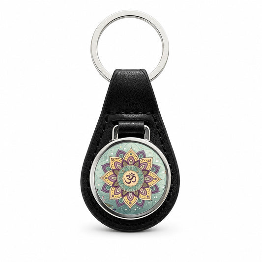 Bohemian Hippie Yoga Mandala Aum Om Black Leather Metal Keychain