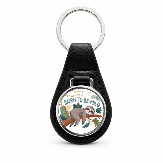 Born To Be Mild Sleeping Sloth Black Leather Metal Keychain
