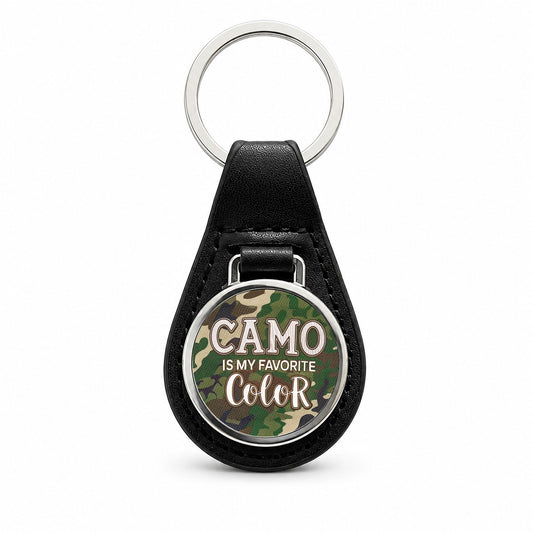Camo Camouflage is My Favorite Color Green Brown Black Leather Metal Keychain