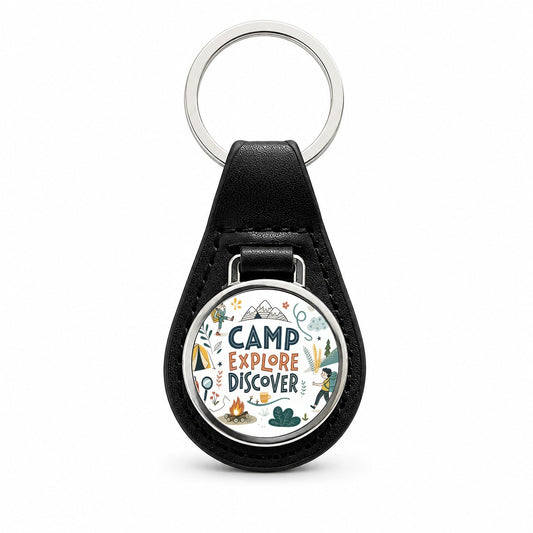 Camp Explore Discover Camping Hiking Black Leather Metal Keychain