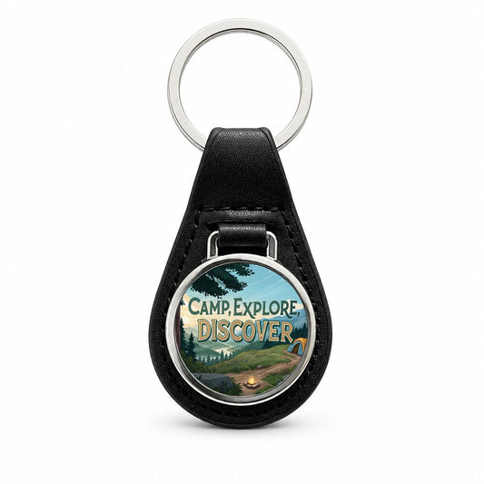 Camp Explore Discover Hiking Camping Black Leather Metal Keychain