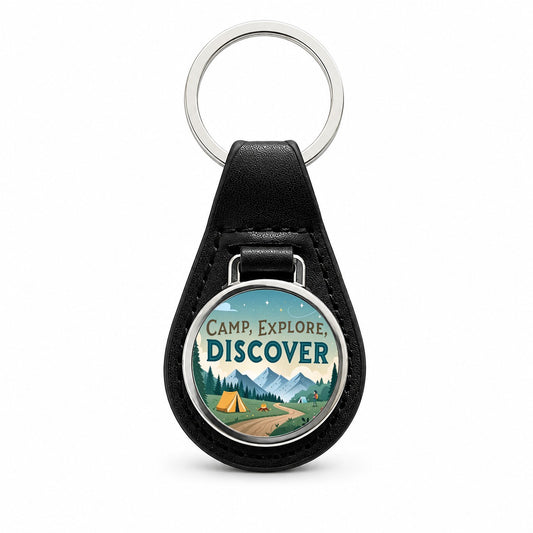 Camp Explore Discover Text Camping And Hiking Black Leather Metal Keychain