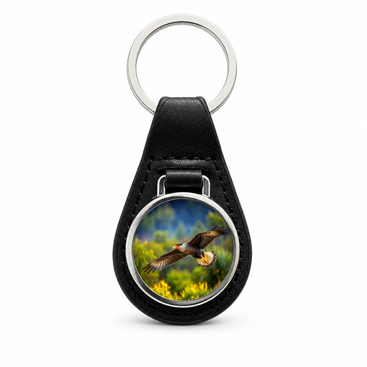 Caracara Raptor in Flight Black Leather Metal Keychain