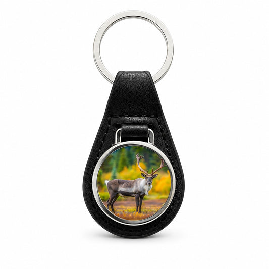 Caribou Deer Reindeer Photo Black Leather Metal Keychain