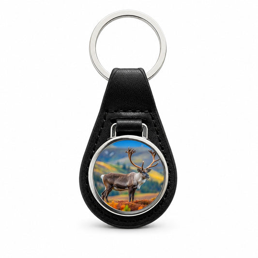 Caribou Reindeer Photo Black Leather Metal Keychain