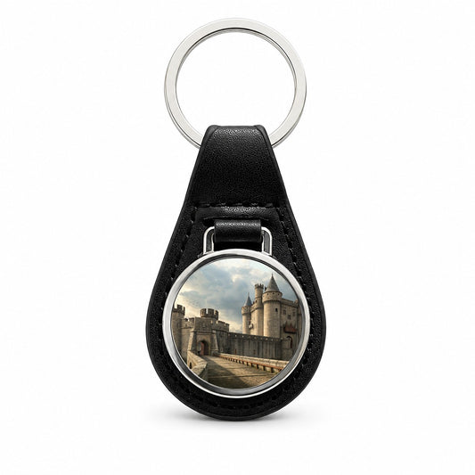 Castle Medieval Fantasy Black Leather Metal Keychain