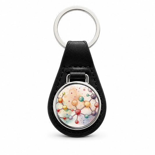 Chemistry Molecules Watercolor Black Leather Metal Keychain