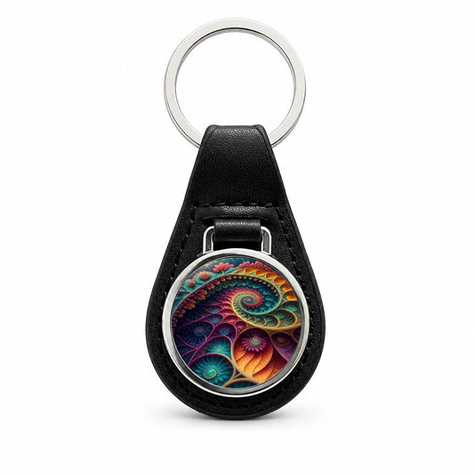 Colorful Fractal Art Swirl Pattern Black Leather Metal Keychain